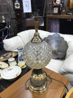 Lot 442 - LARGE BRASS LACQUERED AND CUT GLASS TABLE LAMP