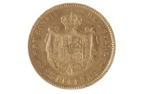 Lot 526 - SPANISH GOLD 25 PESETAS COIN DATED 1880