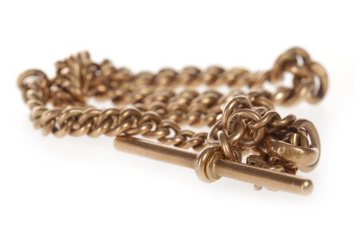 Lot 846 - NINE CARAT ROSE GOLD WATCH CHAIN with T-bar...