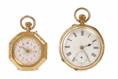 Lot 885 - LADY'S EIGHTEEN CARAT GOLD FOB WATCH the round...