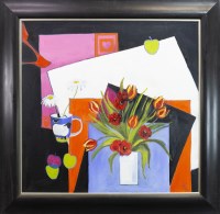 Lot 169 - ROWENA LAING, TULIPS AND GREEN APPLES oil on...