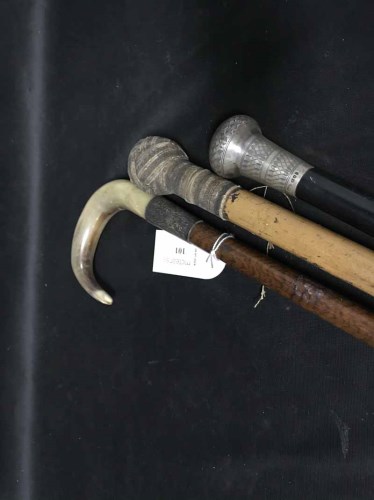 Lot 101 - THREE VARIOUS WALKING CANES along with a...