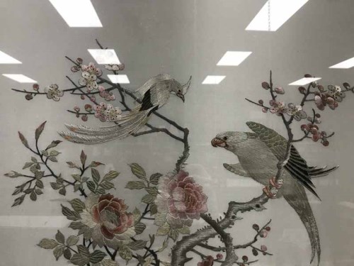 Lot 131 - CHINESE SILK EMBROIDERY OF TWO BIRDS along...