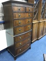 Lot 335 - MAHOGANY REPRODUCTION BOW FRONT CHEST ON CHEST