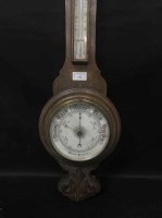 Lot 374 - OAK CASED WALL BAROMETER AND THERMOMETER along...