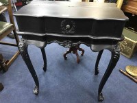 Lot 421 - SMALL MARBLE TOPPED TABLE AND A BLACK PAINTED...