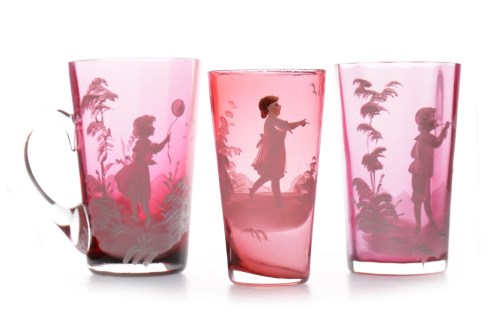 Lot 1223 - THREE MARY GREGORY CRANBERRY GLASS BEAKERS...