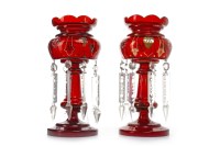 Lot 1238 - PAIR OF VICTORIAN RUBY GLASS LUSTRES each with...