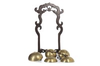 Lot 1084 - 20TH CENTURY CHINESE BRASS BELL ON WOOD STAND...