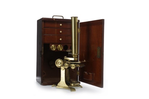 Lot 1452 - EARLY 20TH CENTURY BRASS MICROSCOPE unsigned,...