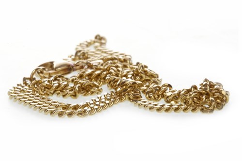 Lot 744 - NINE CARAT GOLD CHAIN NECKLACE formed by flat...