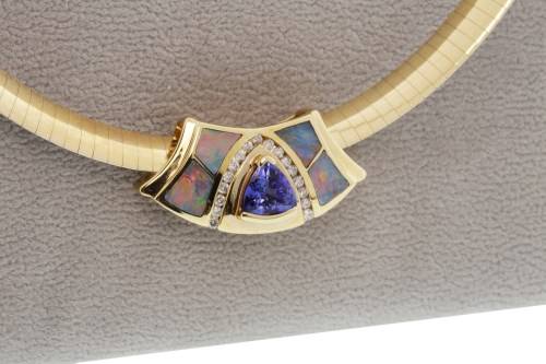 Lot 755 - TANZANITE, DIAMOND AND OPAL NECKLET with a...