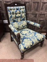 Lot 1743 - VICTORIAN OAK GALLERIED ARM CHAIR with...
