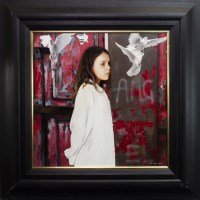 Lot 41 - GERARD BURNS, ANGEL WITH DOVES oil on canvas,...