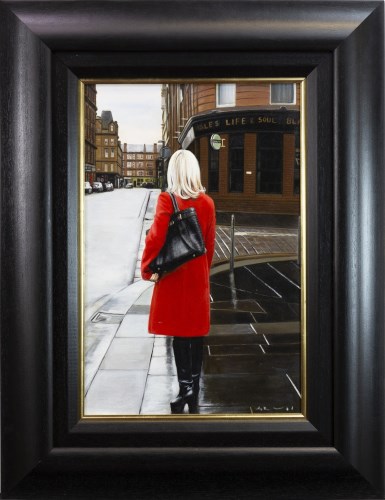 Lot 43 - GERARD BURNS, RED COAT IN THE CITY oil on...