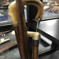 Lot 182 - SILVER COLLARED WALKING STICK along with other...