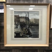 Lot 214 - * ANGELA DODD, QUAYSIDE watercolour on paper,...