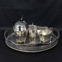 Lot 215 - THREE PIECE SILVER PLATED TEASET AND A SILVER...