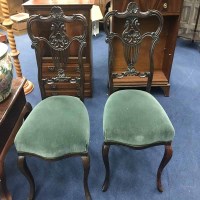 Lot 302 - PAIR OF CARVED GREEN UPHOLSTERED CHAIRS