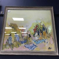 Lot 375 - * PAMELA ABRAM, THE PICNIC oil on board,...
