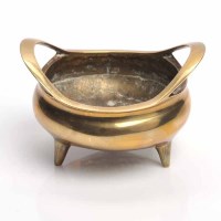 Lot 347 - CHINESE BRASS CENSER marked to base, 12cm wide;...