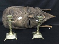 Lot 53 - LARGE CARVED WOODEN MASK and a pair of brass...
