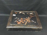 Lot 127 - JAPANNED WOOD WRITING SLOPE hinged cover...