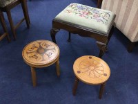 Lot 257 - MAHOGANY DRESSING STOOL along with two milking...