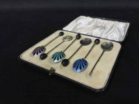 Lot 298 - SET OF SIX SILVER AND ENAMEL SILVER COFFEE...