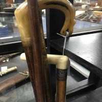 Lot 396 - SILVER COLLARED WALKING STICK along with two...