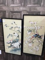 Lot 422 - TWO CHINESE PAINTINGS ON SILK of birds on blossom