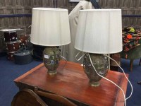 Lot 458 - PAIR OF CHINESE BRASS AND ENAMEL INLAID LAMPS