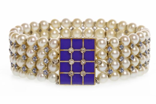 Lot 109 - PEARL, DIAMOND AND GEM SET BANGLE formed by...