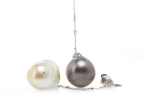 Lot 242 - PAIR OF BAROQUE PEARL AND DIAMOND DROP...