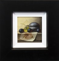 Lot 46 - * MIKE WOODS, PLUM AND GRAPES oil on board,...