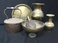 Lot 75 - GROUP OF BRASS ITEMS along with a copper kettle