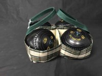Lot 112 - FOUR GREENMASTER SIZE 1 BOWLS in fitted tartan...