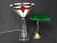 Lot 152 - BRASS DESK LAMP WITH GREEN GLASS SHADE of...