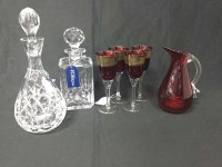Lot 211 - FOUR RED AND GILT GLASS GOBLETS, A RED JUG AND...