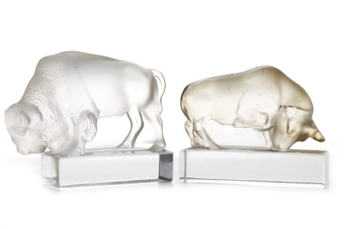 Lot 259 - LALIQUE FROSTED GLASS FIGURE OF A BULL over a...