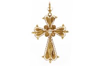 Lot 534 - PEARL SET CROSS PENDANT in canetille work and...