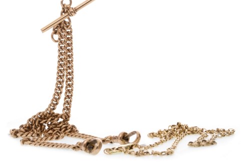 Lot 577 - NINE CARAT GOLD WATCH CHAIN formed by narrow...