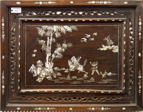 Lot 1027 - A CHINESE INLAID WOOD PANEL