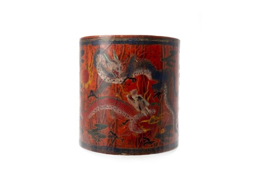 Lot 1057 - 20TH CENTURY CHINESE LACQUERED WOOD BRUSH POT...