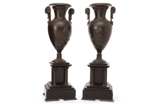 Lot 1614 - PAIR OF FRENCH BRONZE AND SLATE GARNITURE...