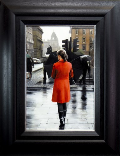 Lot 18 - GERARD BURNS, RED COAT ON THE CRESCENT oil on...