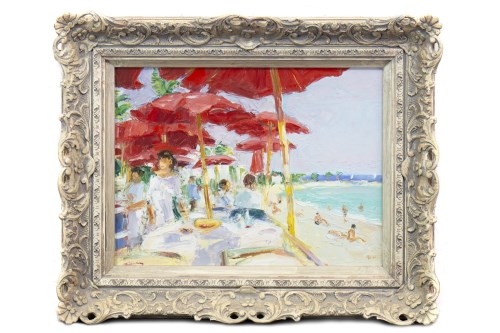 Lot 71 - * JOHN ROSS, THE RED UMBRELLAS oil on canvas,...