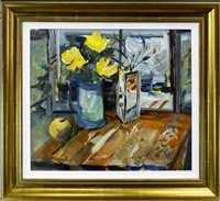 Lot 55 - TABLETOP STILL LIFE WITH FLOWERS AND AN ORANGE, BY ANNE MENDELOW