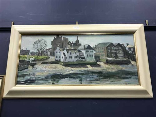 Lot 208 - JANINA HARROWER RIVER LANDSCAPE WITH TOWN, OIL ON CANVAS