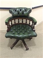 Lot 98 - REPRODUCTION CAPTAIN'S CHAIR WITH GREEN UPHOLSTERY